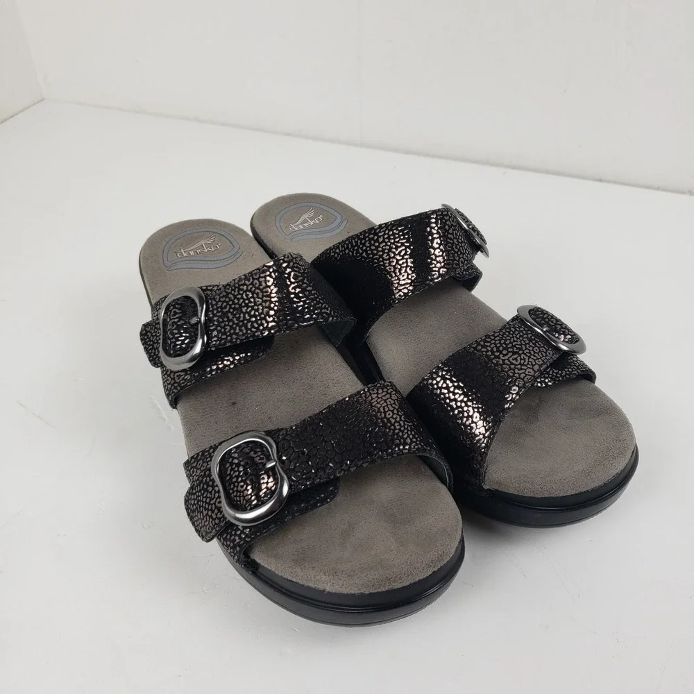 Dansko Sophie Womens 38 Metallic Leopard Print Leather Wedge Slide Sandals Black